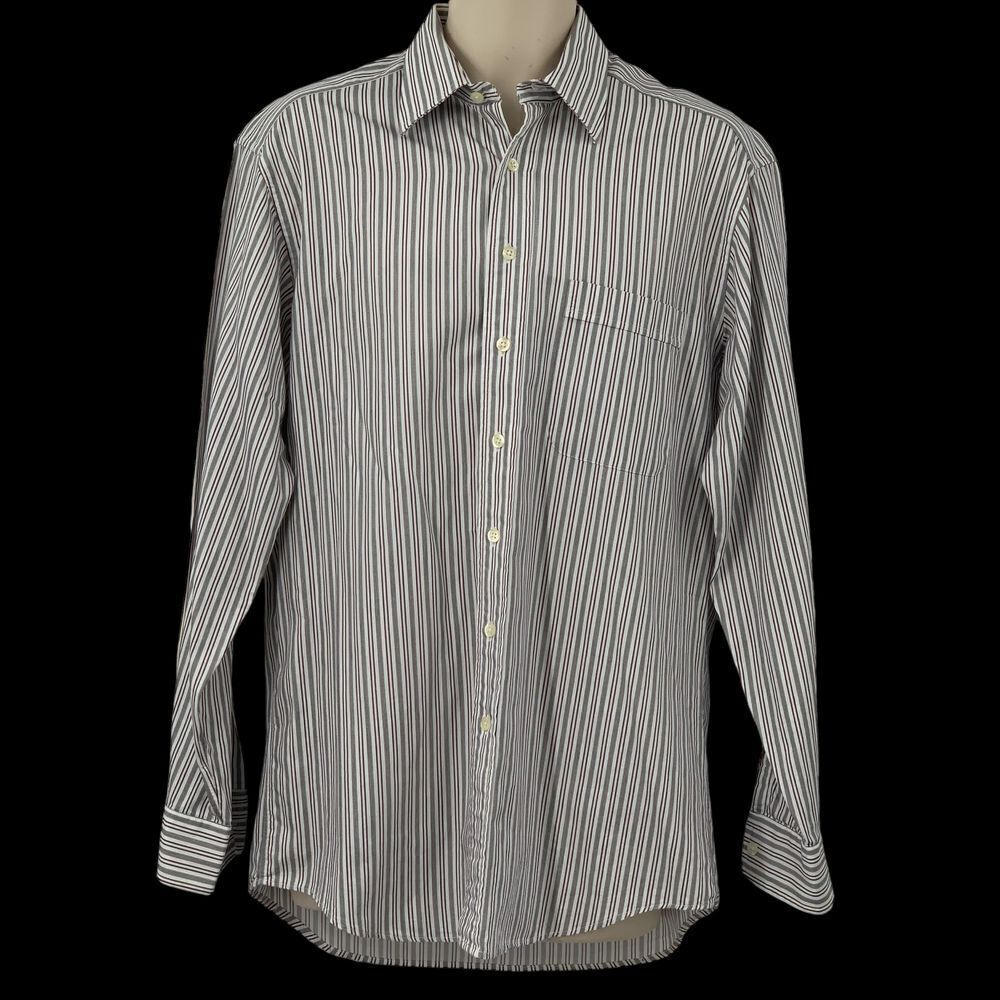 Hickey Freeman Men's LS Button Down Black/Blue Striped Dress Shirt Size 15.5-35